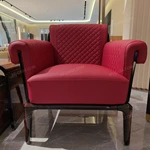 Cream & Red Leather Sofa Set with Diamond Quilted Craftsmanship, Natural Burl Wood Veneer & Gold Stainless Steel Trim